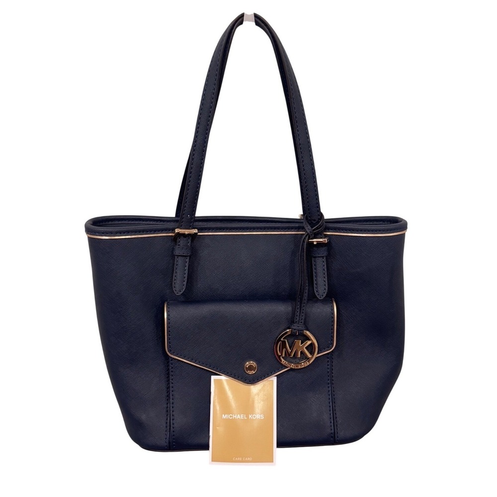 Michael Kors Dark Navy Blue Saffiano Leather Tote Gold Hardware MK Charm Pocket